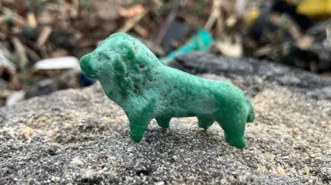 A close up image showing the turquoise colour model of a lion. 