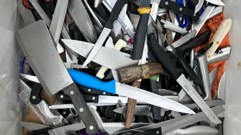 A mix of knives inside a big plastic box.