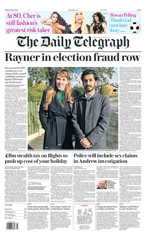 "Rayner in election fraud row," reads the headline on the front page of the Daily Telegraph.