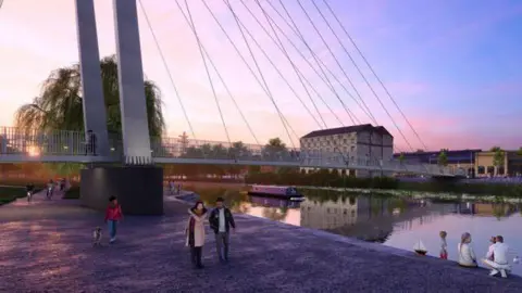 Peterborough City Council An artist's impression showing people walking near a bridge over a river. This view of the bridge is closer. The wires holding the bridge stretch down from above. People are walking on a wide footpath next to the river. A warehouse-style building can be seen on the other side of the river. A canal boat is going under the bridge.