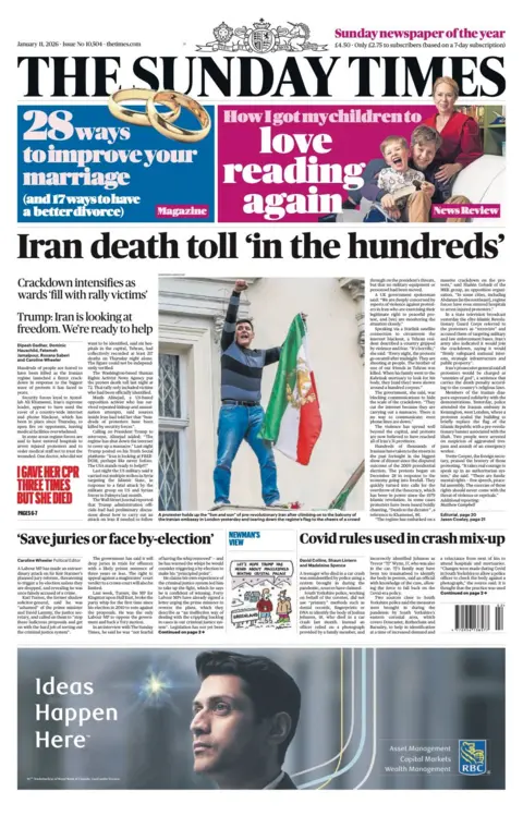 The headline on the front page of the Times reads: "Iran death toll 'in the hundreds'".