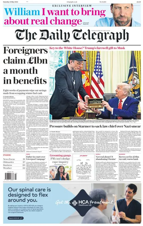 The Daily Telegraph headlines on Donald Trump and Elon Musk, with a picture of the two in the Oval Office. A headline beside reads: Foreigners claim £1bn a month in benefits.