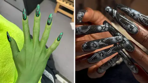 Shea Osei Two pictures side by side. On the left are the nails created for Cynthia Erivo, which are long and pointy and are painted black with green foil. On the right are Cynthia Erivo's hands and nails, which are black with a white blooming flowers design.
