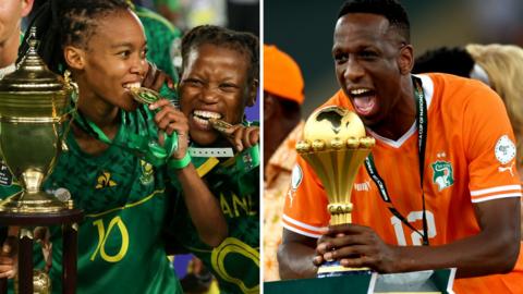 A split image of Linda Motlhalo (left) biting a medal as she celebrates with the Women's Africa Cup of Nations trophy while Ivory Coast defender Willy Boly grasps the Africa Cup of Nations trophy