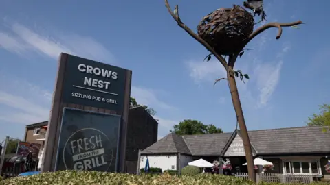 The Crow's Nest Pub exterior with a crows nest in the foreground of the image