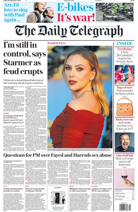 "I'm still in control, says Starmer as feud erupts" reads the Daily Telegraph headline