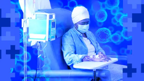 Graphic of woman receiving cancer treatment