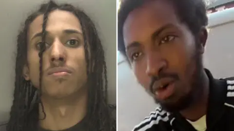 West Midlands Police A composite image, on the left is a police mugshot of a man with long braided/dreadlocked hair, staring intensely at the camera. The right image looks like a selfie or CCTV close up of a man in a tracksuit looking off the the left.