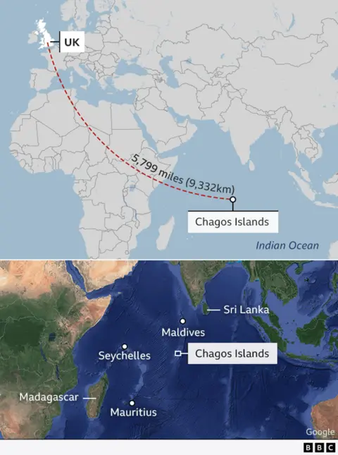 The image shows two maps. One map shows the distance of the Chagos Islands to the UK. The other map shows the Chagos Islands in relation to the coast of Africa, India and Southeast Asia.