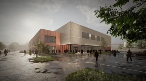 A compute generated image of the proposed TraffordCity Arena development. It is an asymmetric building with red and cream panels 