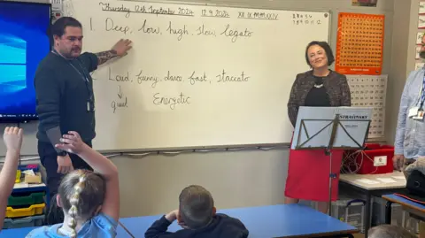 BBC Teacher at a music session with Newcastle Tyne North MP and Schools Minister Catherine McKinnell. They are in front of a white board. A pupil has raised her hand. Another one is looking at the board. 