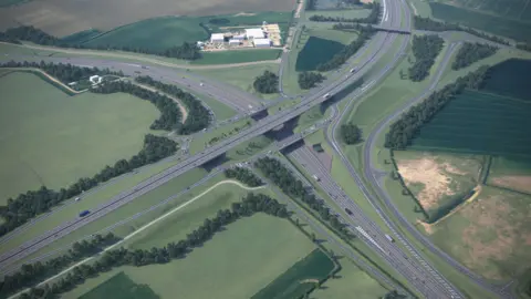 Aerial view of what the A421 and A1 link will look like, there is a ground-floor level road and flypass.