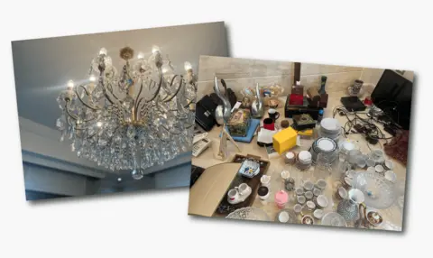 A chandelier and miscellaneous crockery and cutlery - contents of Hussam Luka's apartment
