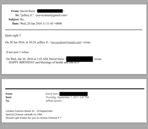 A graphic showing an email exchange between Jeffrey Epstein and David Stern.