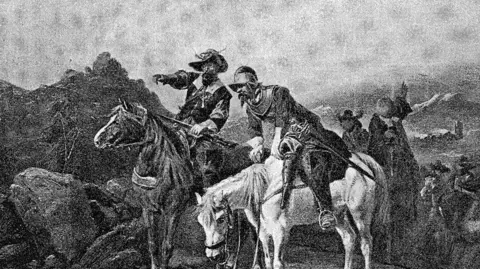 Digitally restored black and white image of Oliver Cromwell with another Roundhead. They are both on horses on a hill with other soldiers around them.