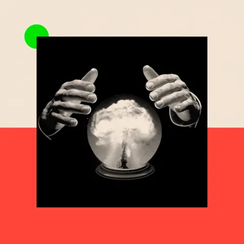 BBC A black and white image showing a pair of hands hovering above a crystal ball with bomb smoke rising in the middle