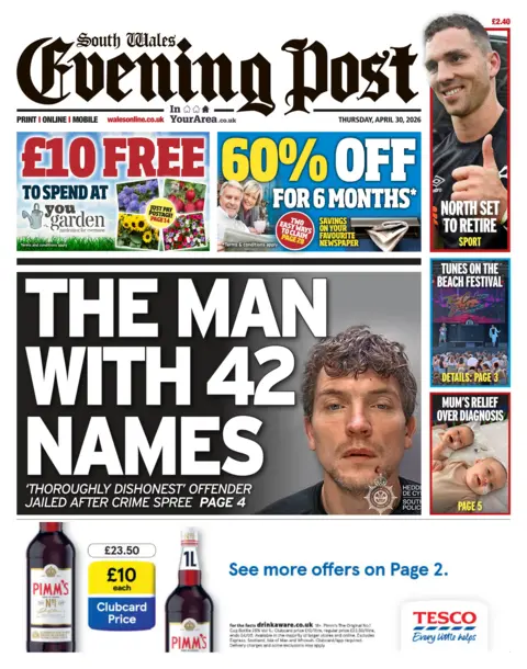 South Wales Evening Post South Wales Evening Post main headline: The man with 42 names. Next to photo of a police mugshot.