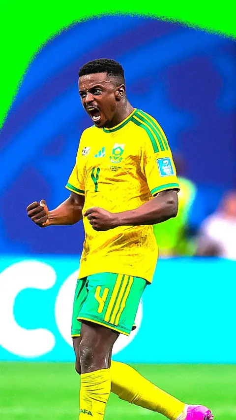 Teboho Mokoena reacts to scoring equaliser for South Africa against Czech Republic in the 2026 World Cup.