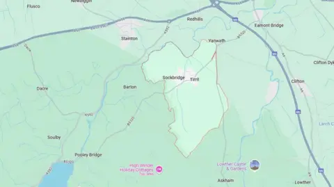 Google A map showing the boundary of Sockbridge and Tirril in Cumbria. the area is south of Stainton and east of Clifton.