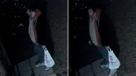 North Yorkshire Police Two more CCTV images of the man police want to trace. In these photos, he can be seen carrying a white carrier bag. His blue jeans and cream t-shirt are also visible.