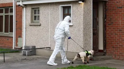 PA Media Person in full white forensics suit, walking a small beige dog into a pebble-dashed, red brick property 