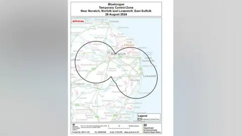 Defra Map of Norfolk and Suffolk showing zone restricting the movement of ruminant livestock