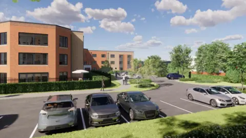 LNT Care Developments An artist's impression shows the design of the care home, presented as part of the application, showing visuals of a large brick building with cars in a car park and people walking past on a sunny day