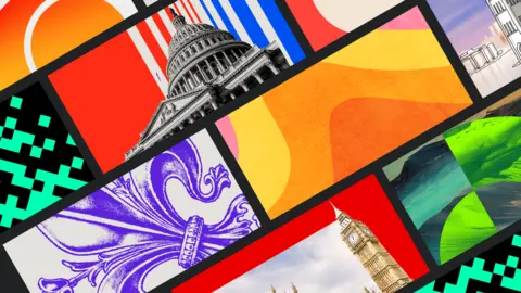 A composite image of different newsletter title images, set on a diagonal. It is made up rectangular icons, featuring from top left - two orange concentric semi-circles; black pixels on a turquoise background; the Capitol Building in black and white on a background of blue, red and grey; a purple fleur-de-lis design on a grey background; waves in yellow, orange and pink; the Houses of Parliament; and sand dunes with bright green circle segments on top.