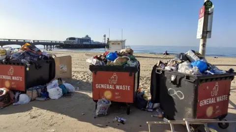 Three large industrial bins marked general waste are pictured are situated next to a beach. A stretch of sand and the ocean can be seen in the background, as well as a pier. The bins are piled high with bags of rubbish. 