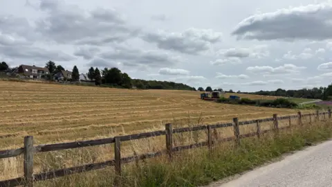 A slopped field with rows of cut yellow hay behind a wooden fence.