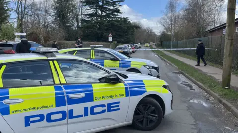Police cars lined up out Thorpe St Andrew's School, with officers standing by police tape