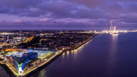 Getty Images An aerial view of Hull at night taken from near The Deep and looking out towards the docks. 