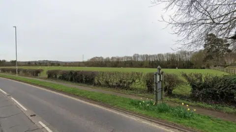 Google Streetview image of a grazing field surrounded by low hedges