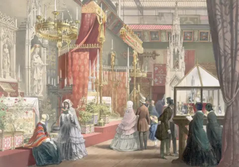 Corbis via Getty Images A colour drawing of the inside of the Medieval Court with people looking at displays inside the Great Exhibition