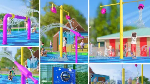 Swindon Borough Council A composite image of a number of different elements inside the splash park, These include a number of brightly-coloured water cannons and fountains, as well as a tipping bucket feature. 