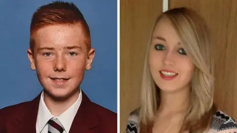 William Brown, a red-haired freckled boy in a maroon school blazer and black and grey striped tie on the left, and an image of Katie Allan, a blonde young lady smiling at the camera, wearing a patterned knit top