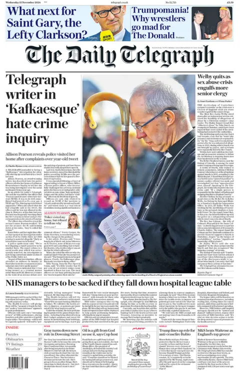 The headline in the Telegraph reads: "Telegraph write in 'Kafkaesque' hate crime inquiry". 