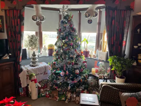 George Carden/BBC Living room looking out the front of the house with a fully decorated silver tree in the middle