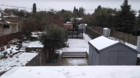 Jonathan Shapiro A row of back gardens, with the sheds and lawns covered in a light layer of snow.