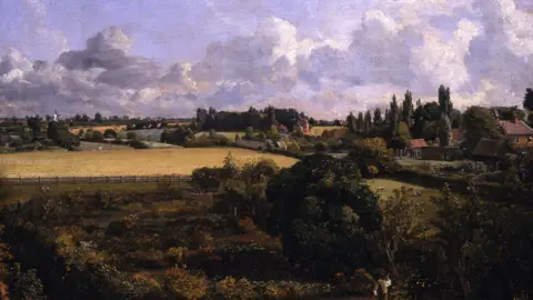 An oil painting by John Constable of a countryside. There are multiple green fields on the left of the painting, with houses and trees to the right. 