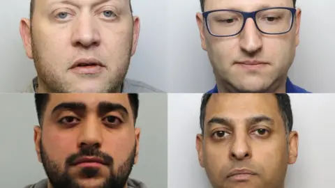 West Yorkshire Police A quartet of police mugshots. To the top left is a man with a sullen expression, stubble and sunken blue eyes. On the top right is a man with blue-rimmed glasses looking down, rather than at the camera. At the bottom left is a man with brown eyes, dark hair a moustache and a beard. At the bottom right is a man with slightly greying dark hair and brown eyes.