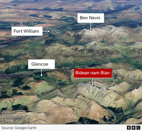 A map show the locations of Bidean nam Bian, Ben Nevis, Fort William and Glencoe.