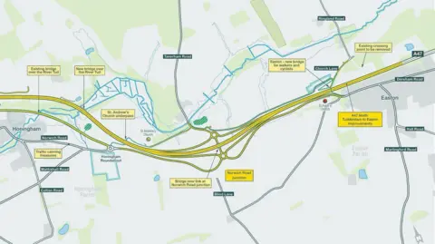 National Highways A map of the A47 shows how the routes have changed following dualling works in the Easton and Hoingham area.