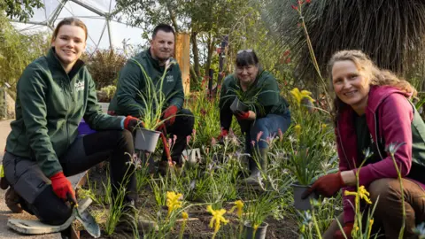 Eden Project Three women and one man are crouching on the ground inside a biome smiling at the camera. They are holding plants in pots. There are colourful flowering plants all around them.