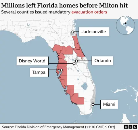 An annotated map has a title "Millions fled their homes in Florida before Milton struck" shows several Florida counties highlighted where mandatory evacuation orders have been issued, including the city of Tampa