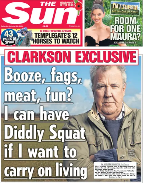 The headline on the front page of The Sun reads: "Booze, fags, meat, fun? I can have Diddly Squat if I want to carry on living"