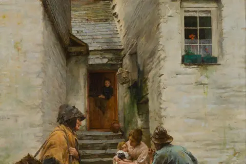 Penlee House An oil painting depicting fishermen and their families at the turn of the century. There is a woman sat on a step holding a young child and a man is sat talking to her as another woman walks by. At the top of the steps is a house with a stable door half open with a woman looking out of it. Beyond there is a green hill and blue sky.