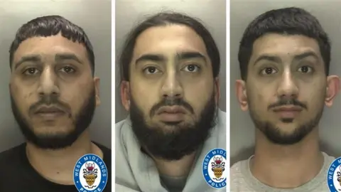 A mugshot of three men with black hair and beards