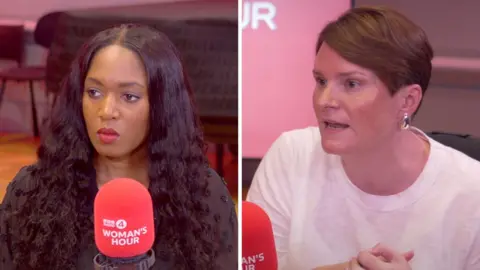 Two women speak into red microphones.