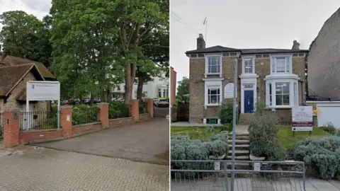 A composite image of two Google Maps screengrabs of both schools, Bishop Challoner School - with a large white sign for the school that leads into a path with a gate and white building in the background behind a large tree. On the right is Park Hill Preparatory School and Nursery - a brown brick building with a blue door. 
